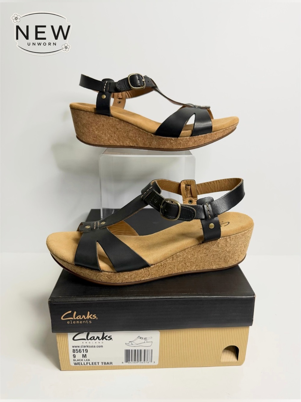 NEW Clarks WELLFLEET TBAR wedge sandal Black Lea Size 9M in original Box